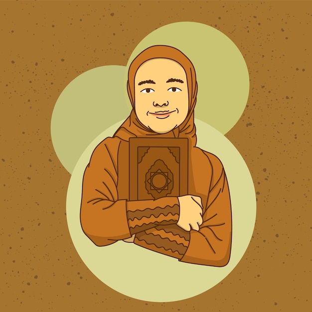 Um desenho de uma mulher muçulmana segurando um livro com o número 12 nele.