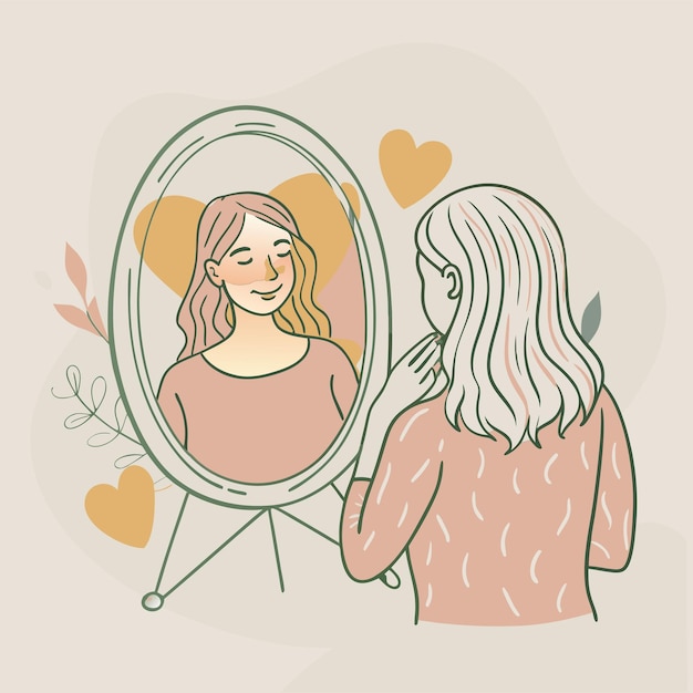 um desenho de uma mulher olhando para um espelho com as palavras " ela está olhando para o espelho "