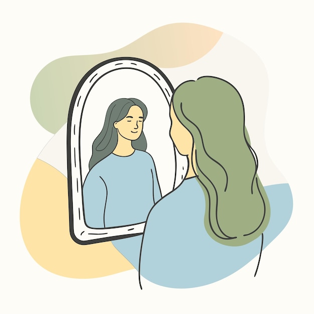 um desenho de uma mulher olhando para um espelho com um reflexo de uma mulher olhar para o espelho
