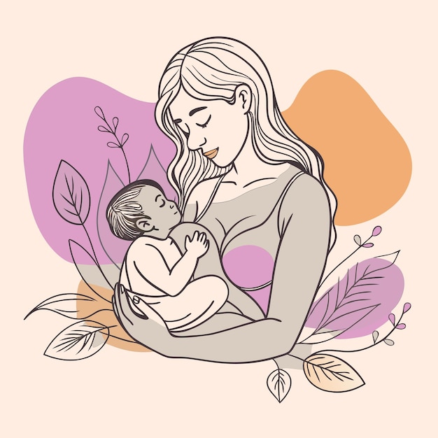 um desenho de uma mulher segurando um bebê com um fundo roxo