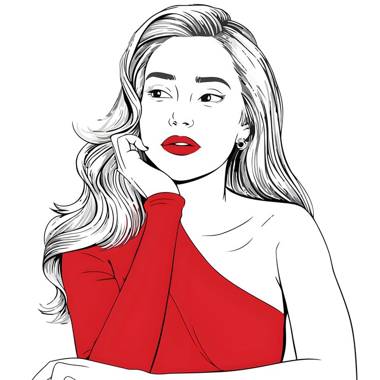 Vetor um desenho de uma mulher vestindo um vestido vermelho com um vestido vermello nele
