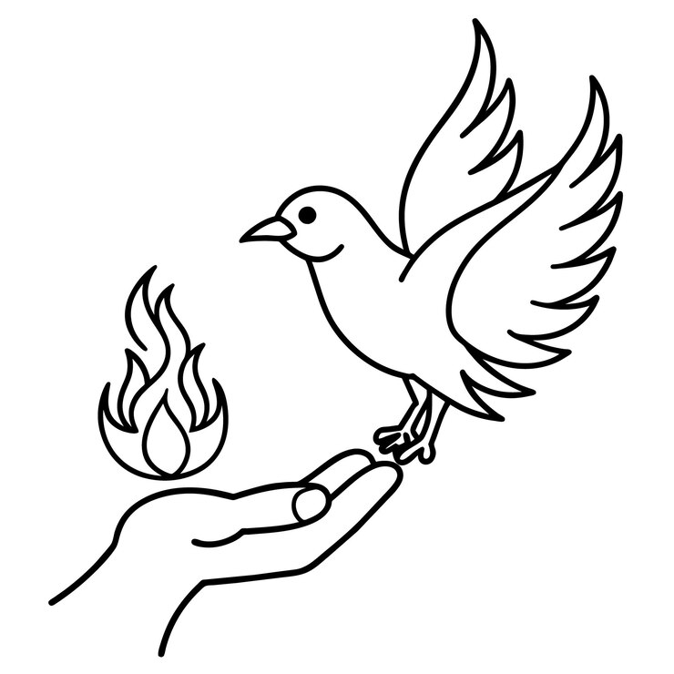 Vetor um desenho de uma pomba com uma mão segurando uma pomba que tem um vetor de ilustração de chama