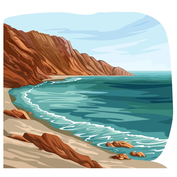 Vetor um desenho de uma praia com uma imagem de um penhasco e do oceano