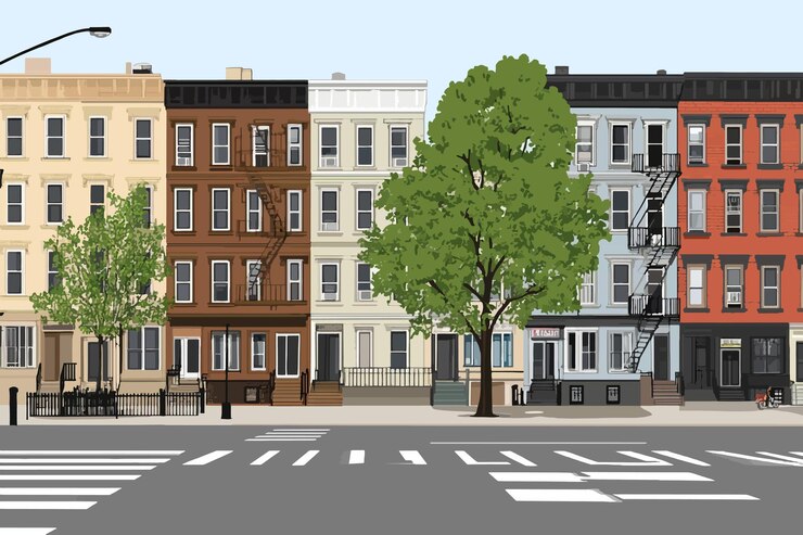 Vetor um desenho de uma rua da cidade com uma imagem de uma cidade