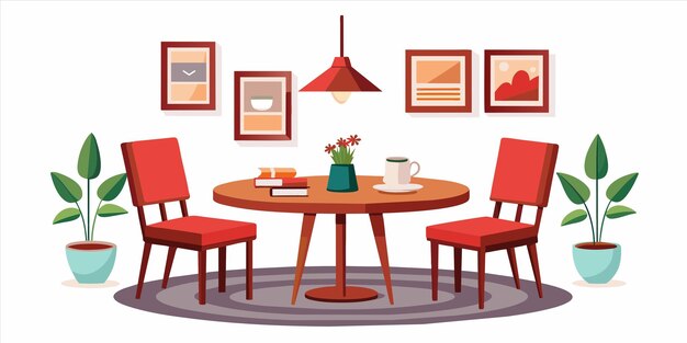 Vetor um desenho de uma sala de jantar com cadeiras e uma mesa com uma cadeira vermelha
