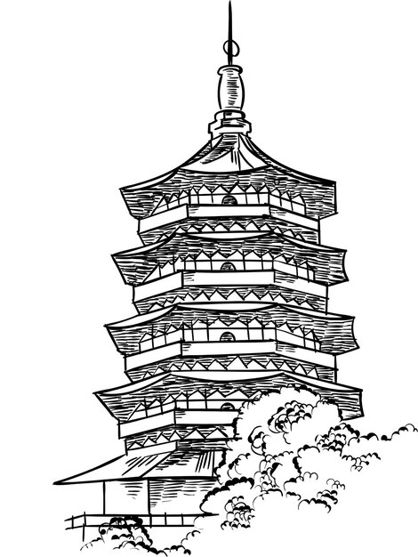 Vetor um desenho de uma torre de pagoda com um fundo de céu