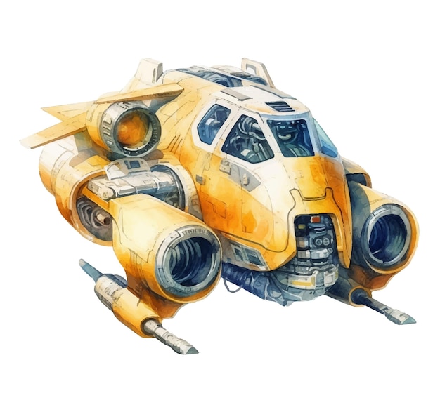 Vetor um desenho em aquarela de uma nave espacial com um corpo amarelo e um corpo amarelo.
