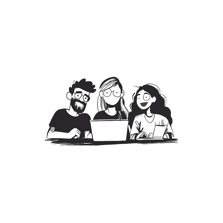 Vetor um desenho em preto e branco de três pessoas com um laptop e um homem com óculos nele