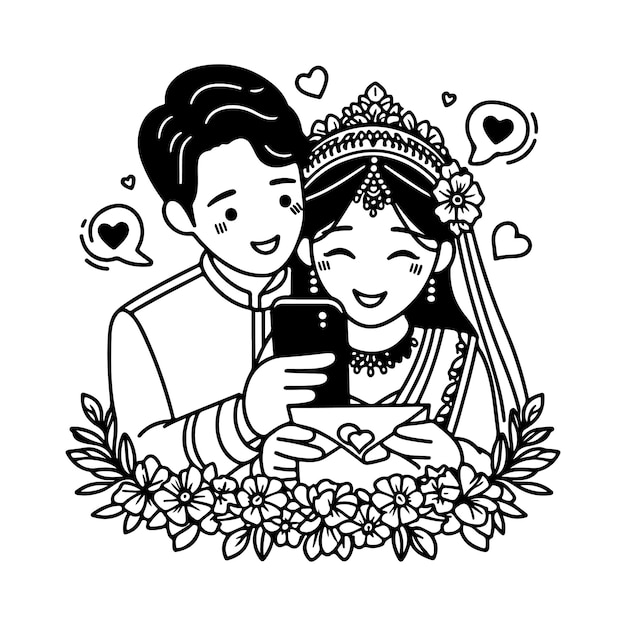 Vetor um desenho em preto e branco de um casal lendo um livro com corações e flores