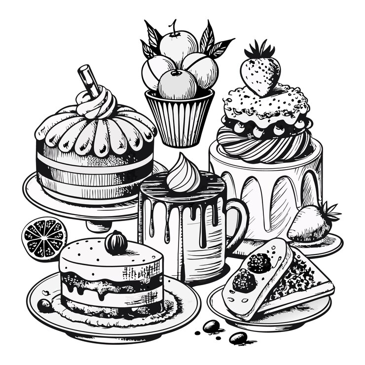 Vetor um desenho em preto e branco de uma variedade de sobremesas, incluindo frutas e bolos