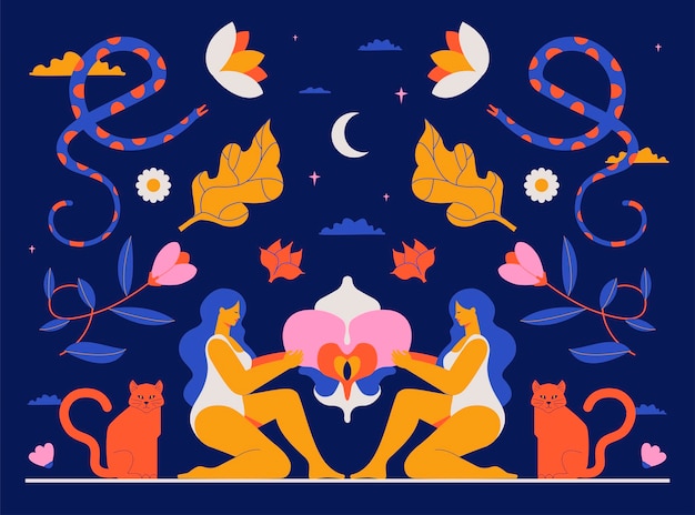Um desenho místico da interação de duas mulheres e uma orquídea um símbolo da feminilidade sagrada ilustração boho com flores bruxas lua cobras gatos