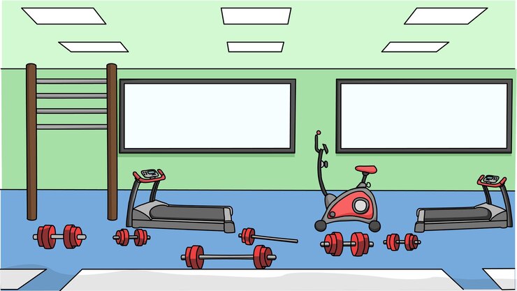 Vetor um desenho plano de ginásio com um gináseo com vários equipamentos de exercício e pesos