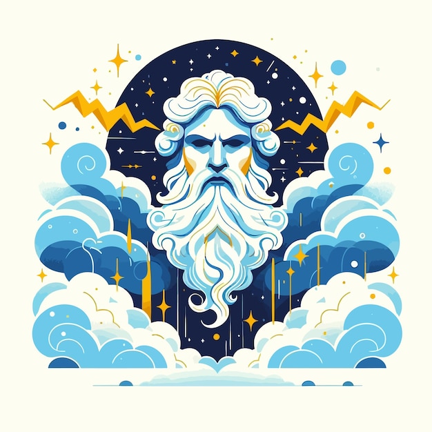 Vetor um desenho plano de zeus com trovões e nuvens