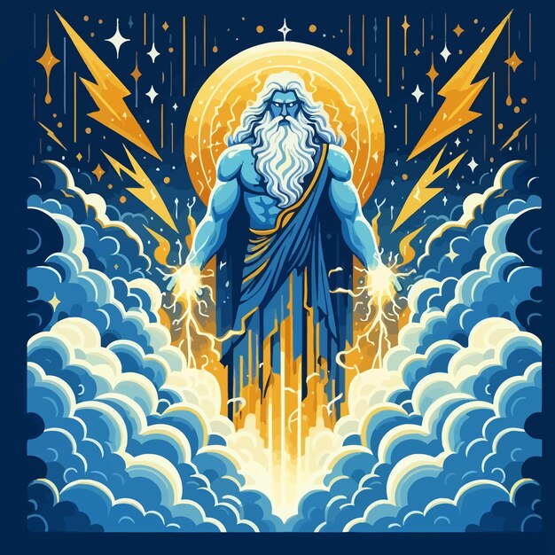 Vetor um desenho plano de zeus com trovões e nuvens