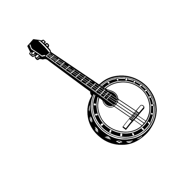 Vetor um desenho preto e branco de um banjo com um círculo na parte superior