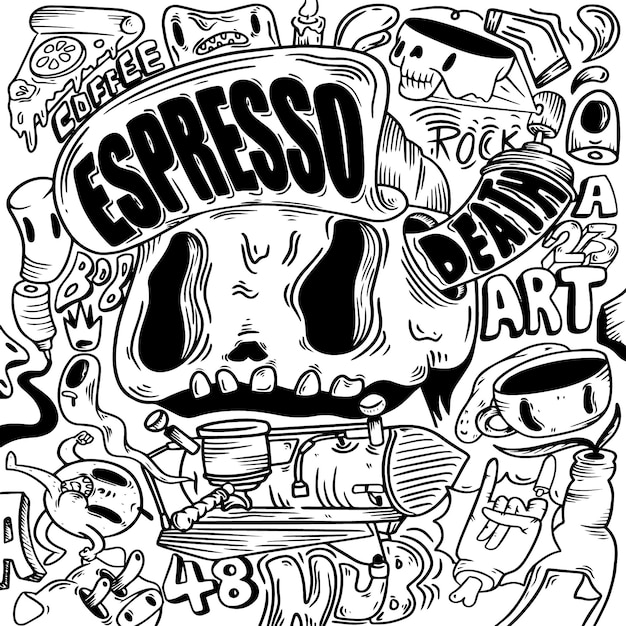 Vetor um desenho preto e branco de um café expresso e uma caveira.