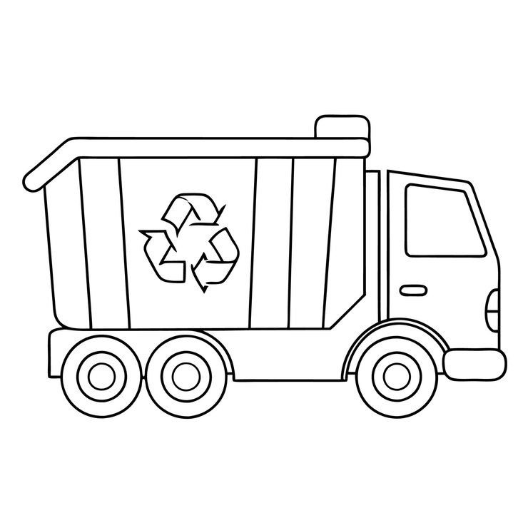 Vetor um desenho preto e branco de um caminhão de lixo com um retângulo no lado