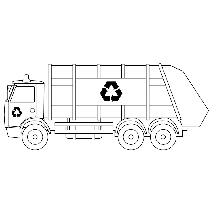 Vetor um desenho preto e branco de um caminhão de lixo com um símbolo de reciclagem ao lado.