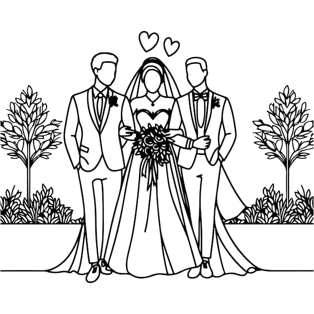 Vetor um desenho preto e branco de um casal e árvores
