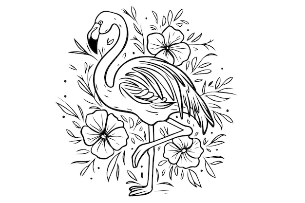 um desenho preto e branco de um cisne com flores e folhas