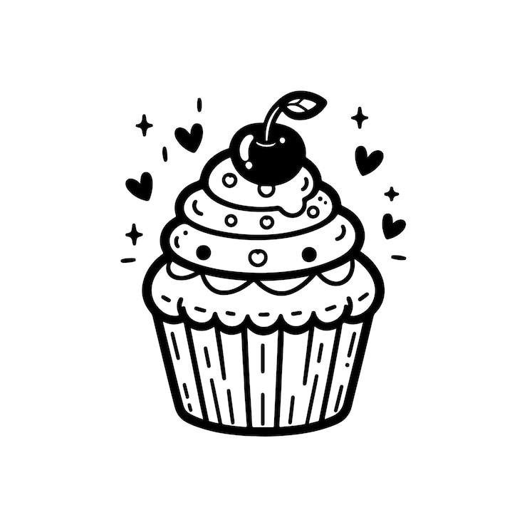 Vetor um desenho preto e branco de um cupcake com uma cereja na parte superior