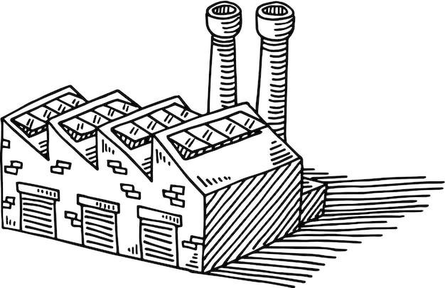 Um desenho preto e branco de um edifício com uma pilha de tubos