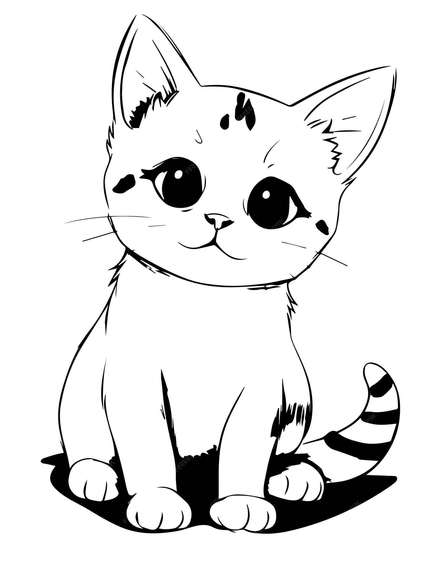 Um desenho de um gato preto e branco com um rosto branco e manchas pretas e  brancas.