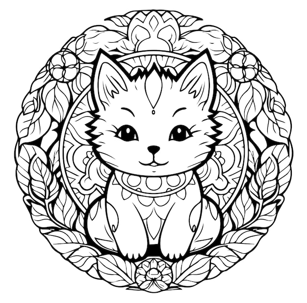 Um desenho preto e branco de um gato com um padrão floral na frente para colorir para adultos