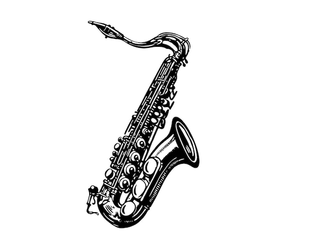 Um desenho preto e branco de um saxofone com a letra b nele.