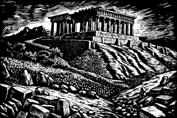 Vetor um desenho preto e branco de um templo com um fundo escuro