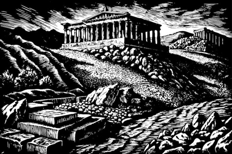 Vetor um desenho preto e branco de um templo com uma lua no fundo