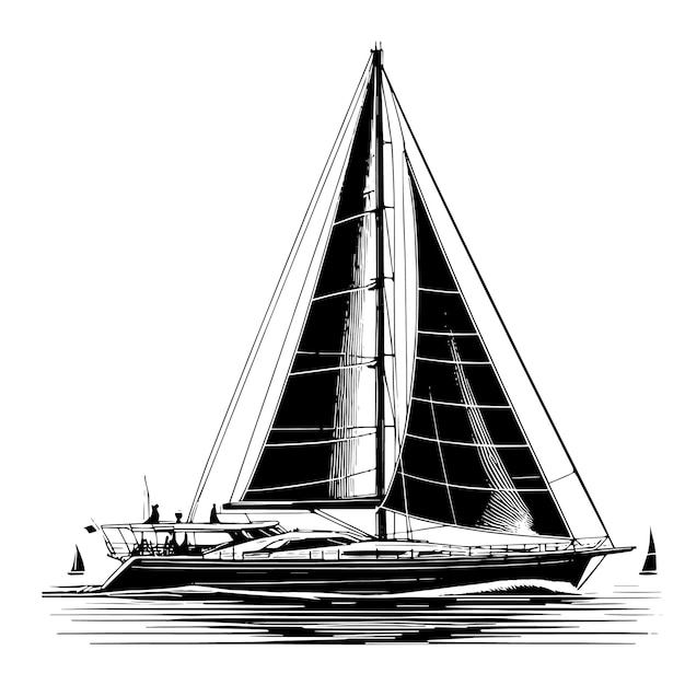Vetor um desenho preto e branco de um veleiro com uma vela preta