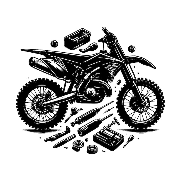 Vetor um desenho preto e branco de uma bicicleta de terra com uma imagem preta e branca de uma motocicleta