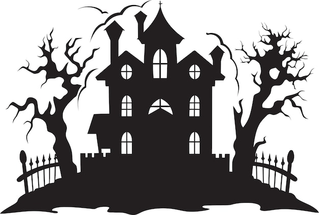 Vetor um desenho preto e branco de uma casa assombrada com uma árvore assustadora ao fundo