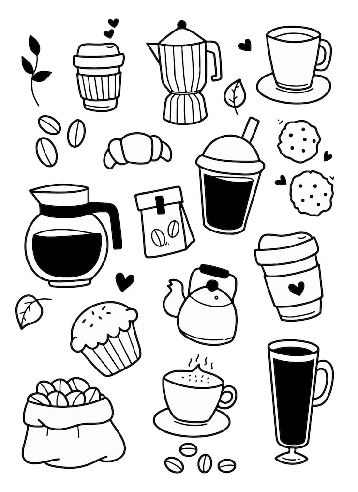 Vetor um desenho preto e branco de uma chávena de café e uma chácara de café