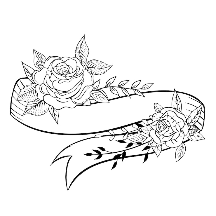 Vetor um desenho preto e branco de uma fita com rosas e folhas nele vetor