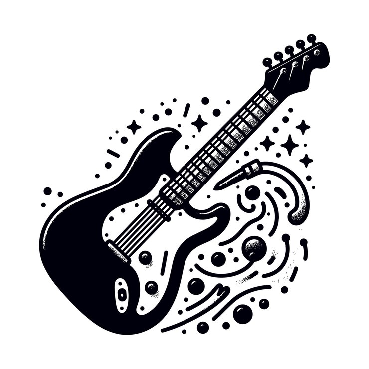 Vetor um desenho preto e branco de uma guitarra com um fundo preto