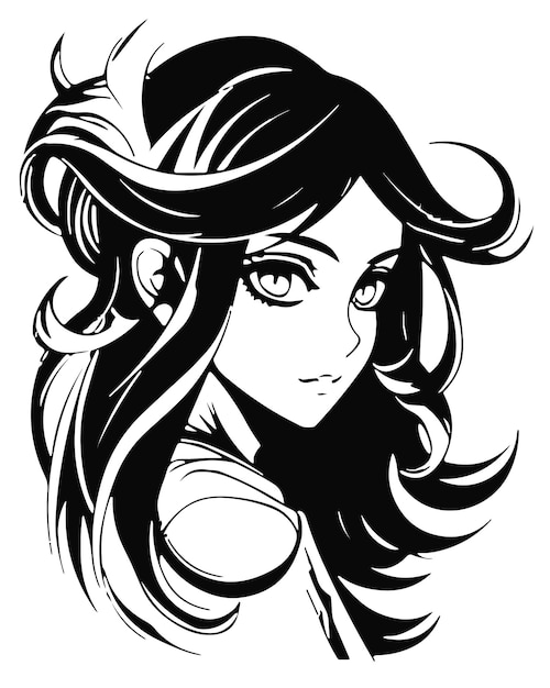 Um desenho preto e branco de uma menina com cabelo comprido.