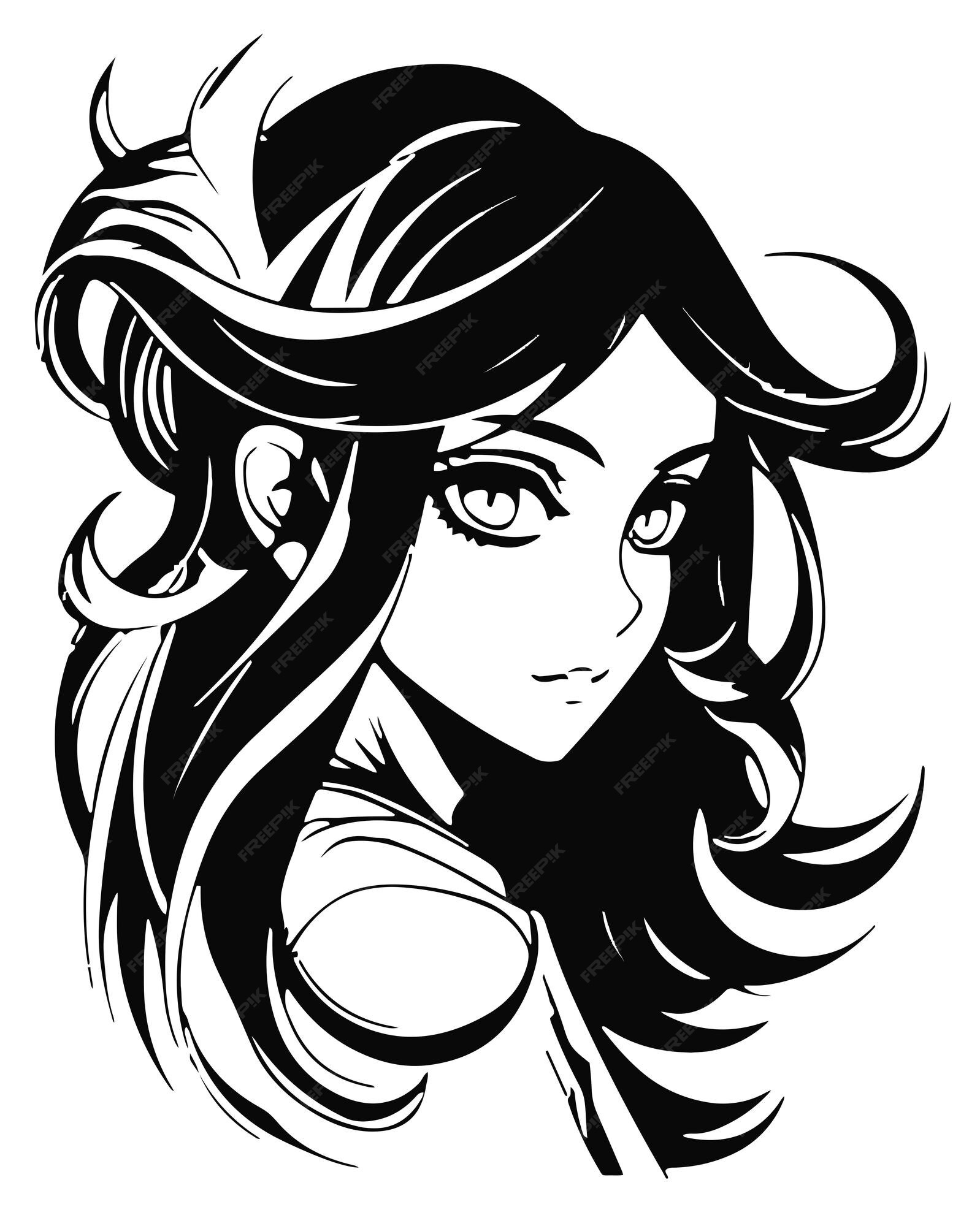 Um desenho preto e branco de uma menina com cabelo comprido.