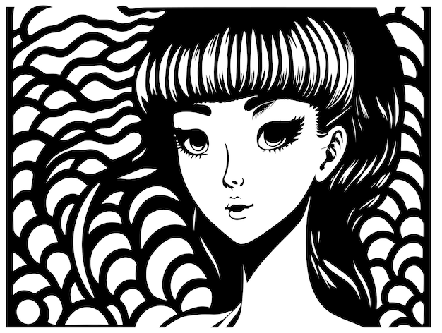 Um desenho preto e branco de uma menina com cabelo comprido.