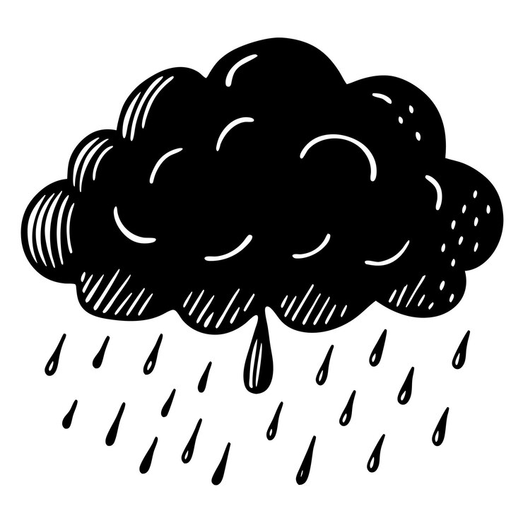 Vetor um desenho preto e branco de uma nuvem com gotas de chuva