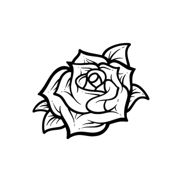 Vetor um desenho preto e branco de uma rosa com uma folha e a palavra amor nela.