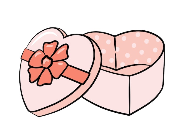 Um desenho simples de uma caixa de presente em forma de coração com um laço. caixa aberta vazia. linda embalagem rosa.