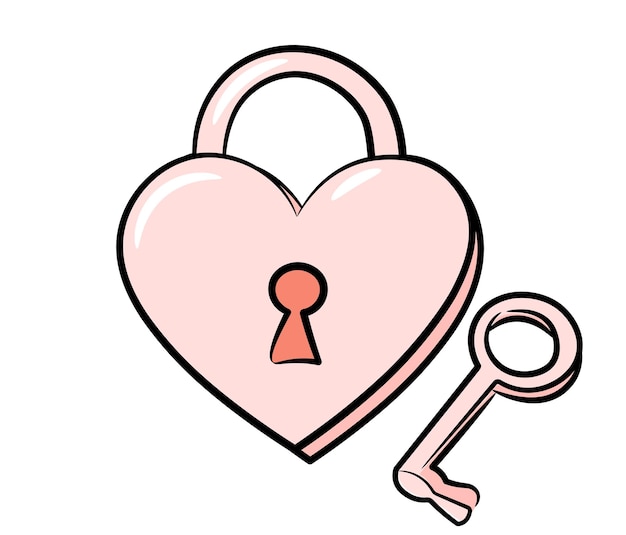 Um desenho simples de uma fechadura em forma de coração com um buraco e uma chave redonda antiga. dia dos namorados.