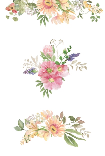 Vetor um design floral em aquarela com flores rosa e amarelas.