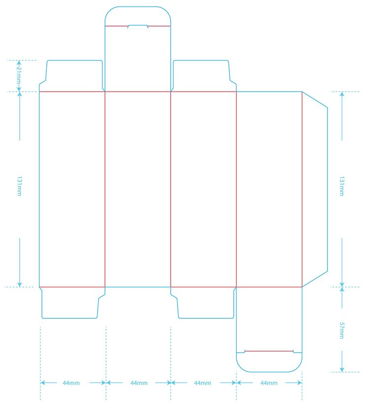 Vetor um diagrama do layout da caixa pequena de cosméticos, do tamanho e das áreas de dobra e corte marcadas