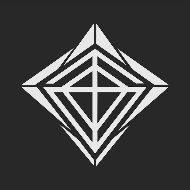 Um diamante branco brilha contra um fundo preto. crie um elegante logotipo monocromático inspirado em formas geométricas.