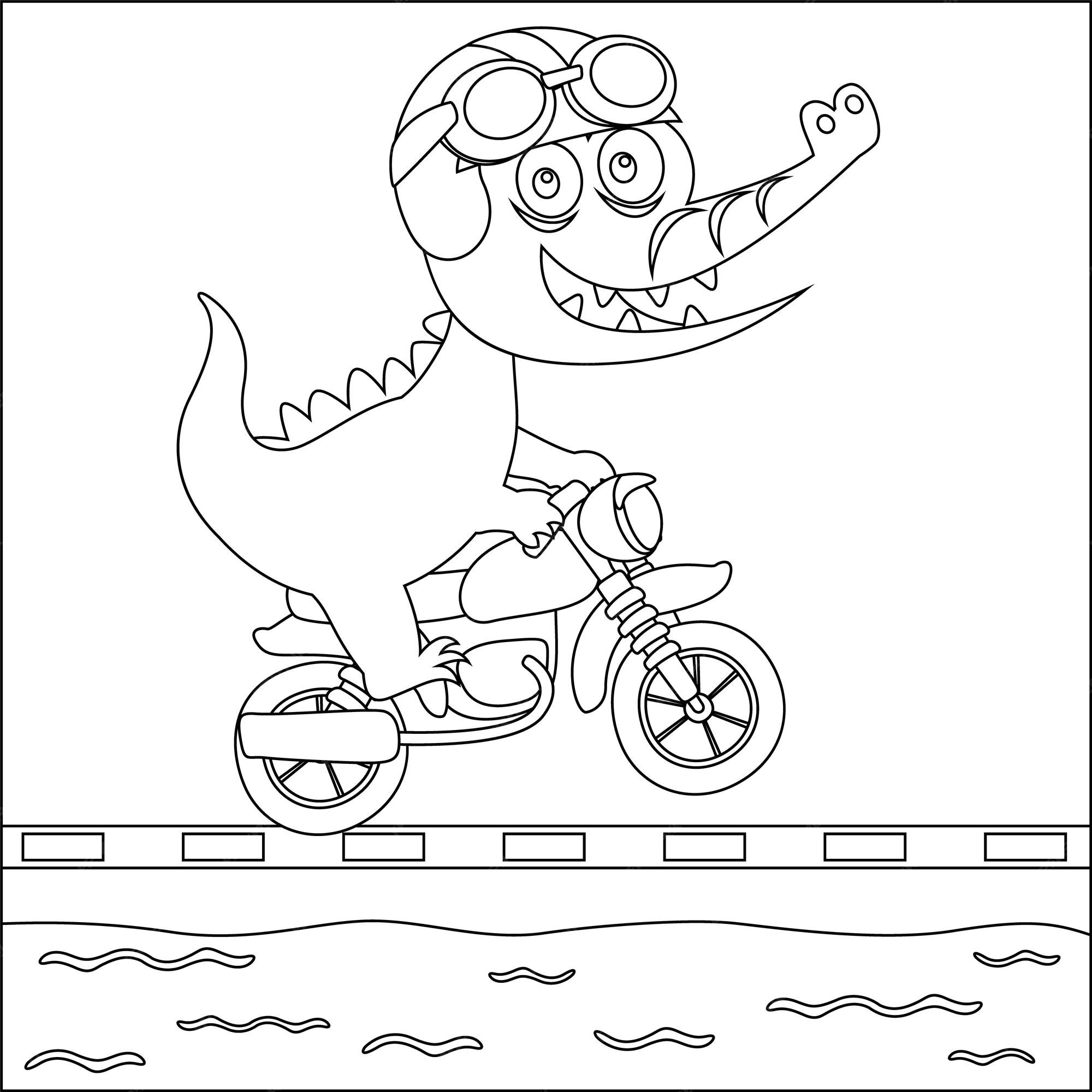 Dinossauro Rosa andando de Bicicleta em Desenho Animado Vetor EPS