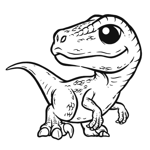 Um dinossauro de desenho animado com um fundo preto e branco.