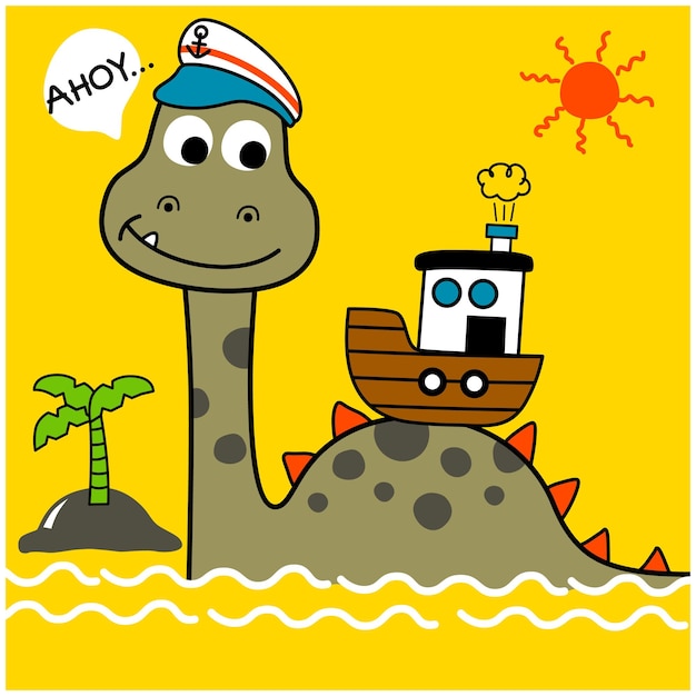 Um dinossauro dos desenhos animados está em um fundo amarelo com a palavra ahoy.